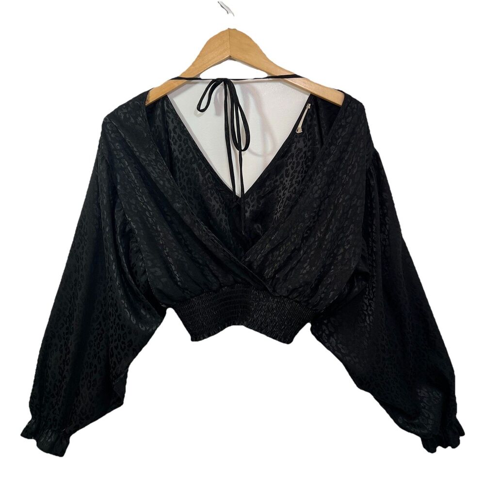 Altar'd State Blouse M Leopard V-Neck Smocked Crop Top Lantern Long Sleeve